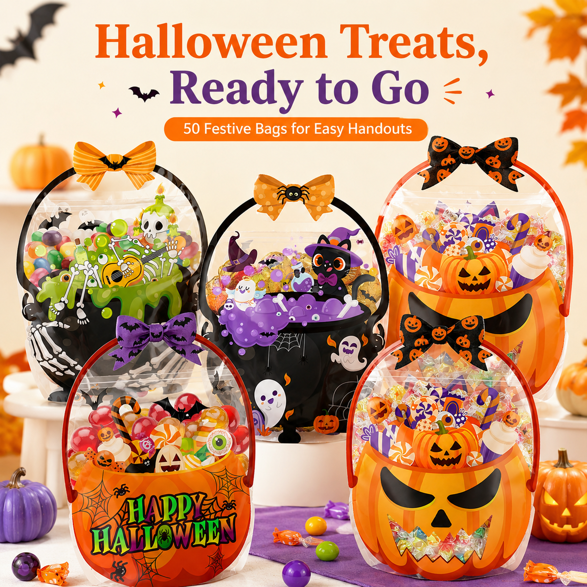 ๐ 50-Piece Resealable Halloween Treat Bags with Handles for Candy ๐ฌ