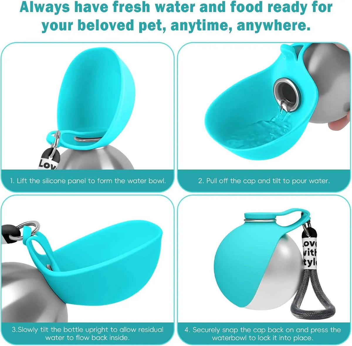 Portable Stainless Steel Dog Water Bottle with Foldable Drinking Bowl
