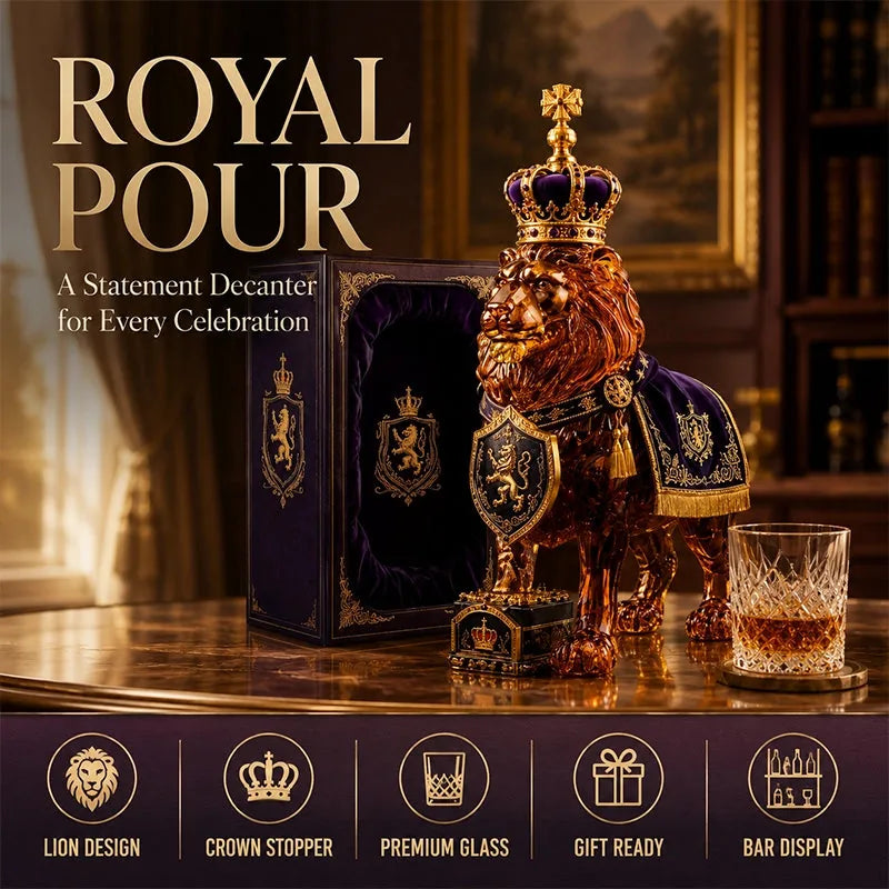 Lion Shape Glass Whiskey Decanter Set with Crown Stopper