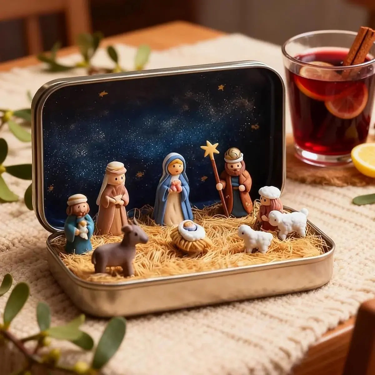 Mini Nativity Scene in Gold Tin Pocket Christmas Decoration Set