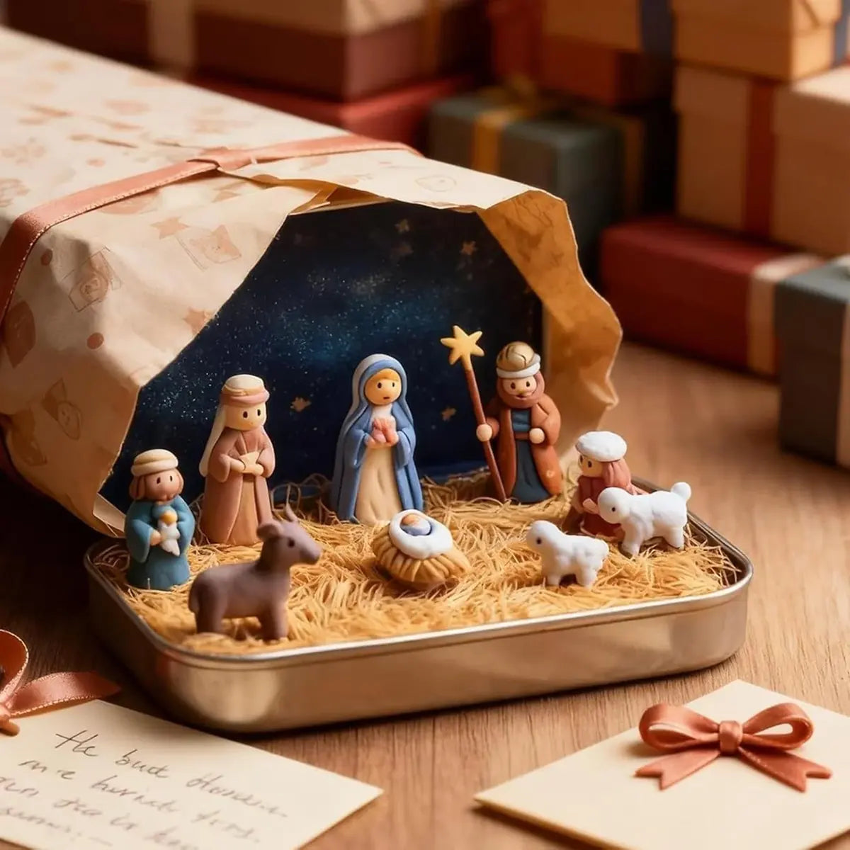 Mini Nativity Scene in Gold Tin Pocket Christmas Decoration Set