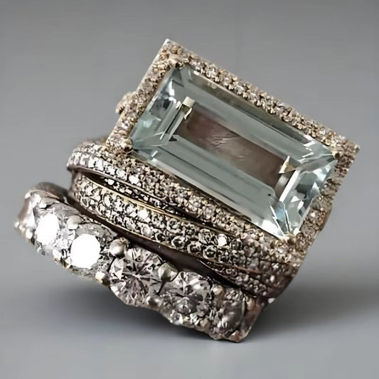 2025 New Fashion Three Piece Set Blue Square Zircon Rings for Women Party Idea Gifts Custom Jewelry
