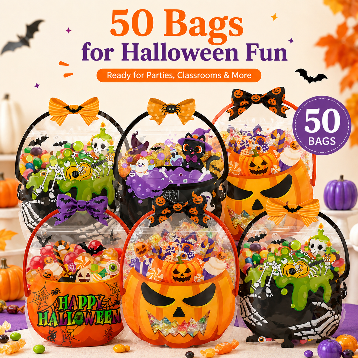 ๐ 50-Piece Resealable Halloween Treat Bags with Handles for Candy ๐ฌ