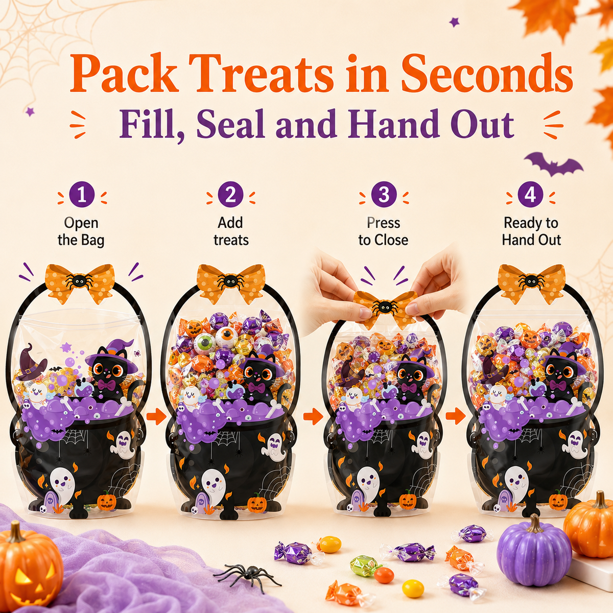 ๐ 50-Piece Resealable Halloween Treat Bags with Handles for Candy ๐ฌ