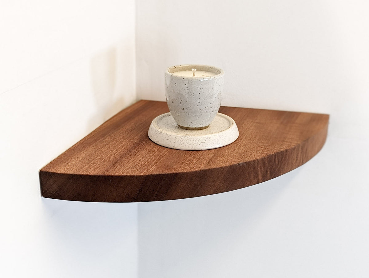 Floating Corner Shelf with Round Edge in Mahogany