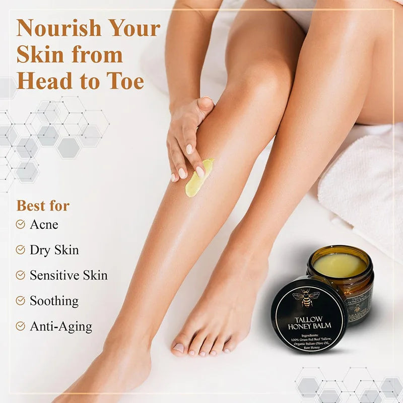 Organic Grass-Fed Beef Tallow Balm with Raw Honey - Moisturizing Cream for Soft, Smooth Skin - Handmade All-Natural Moisturizer