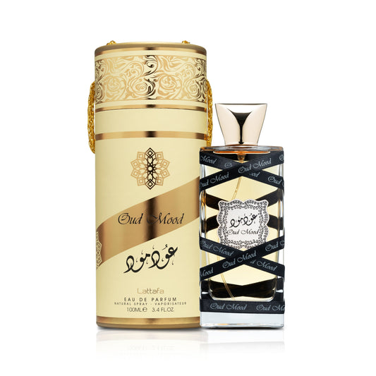 Lattafa Perfumes Oud Mood for Unisex Eau de Parfum perfume bottle and packaging