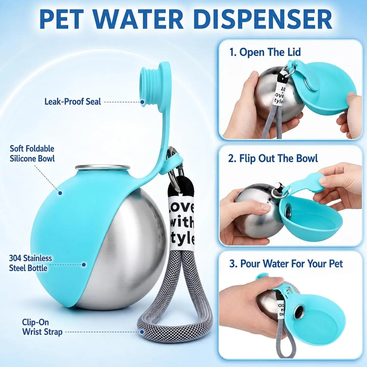 Portable Stainless Steel Dog Water Bottle with Foldable Drinking Bowl