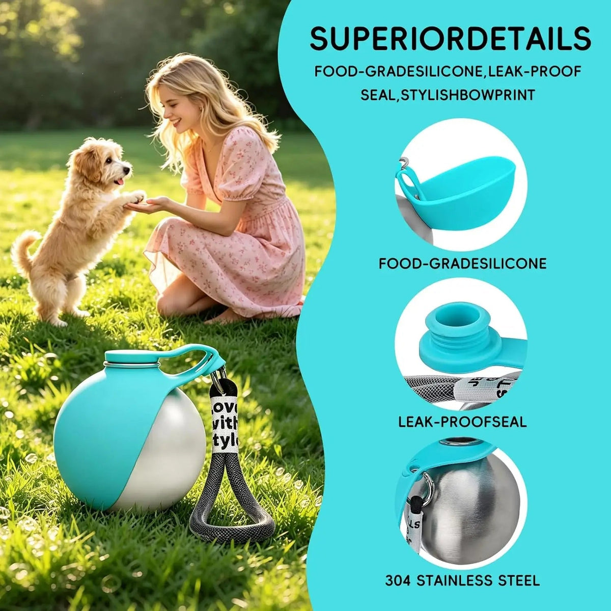 Portable Stainless Steel Dog Water Bottle with Foldable Drinking Bowl