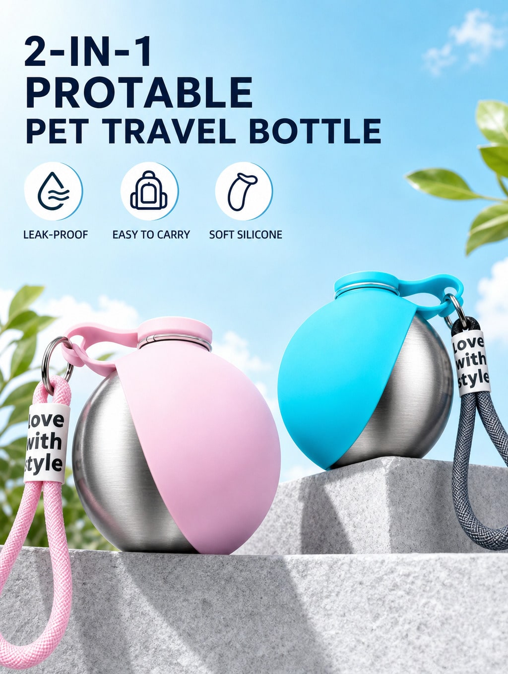 Portable Stainless Steel Dog Water Bottle with Foldable Drinking Bowl