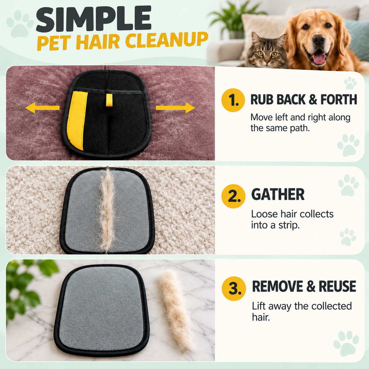 Reusable Pet Hair Remover Mitt Double Sided Fur Cleaning Glove