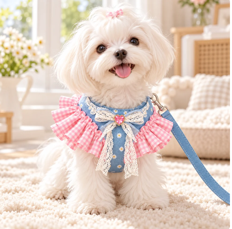 Lace Ruffle Dog Vest Harness and Leash Set for Small Dogs