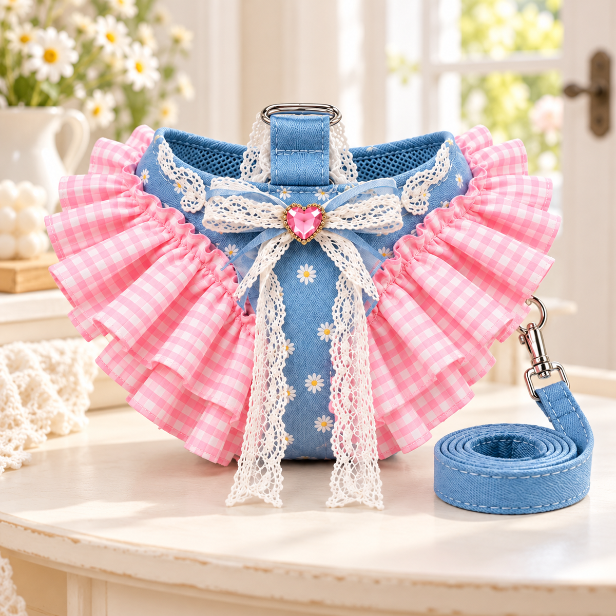 Lace Ruffle Dog Vest Harness and Leash Set for Small Dogs