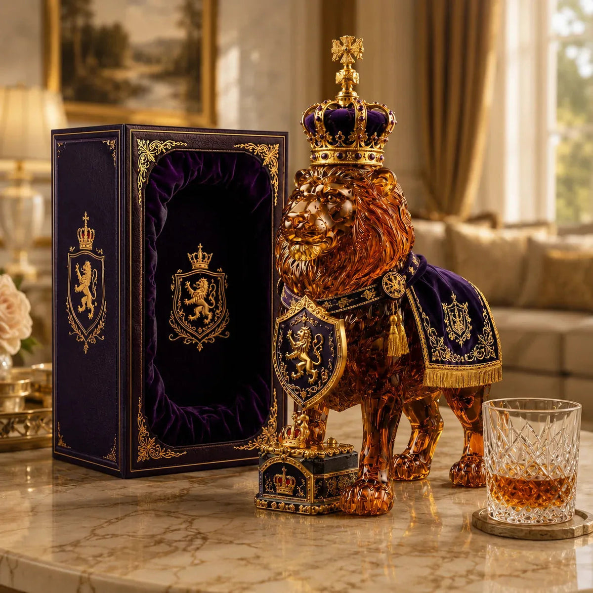 Lion Shape Glass Whiskey Decanter Set with Crown Stopper