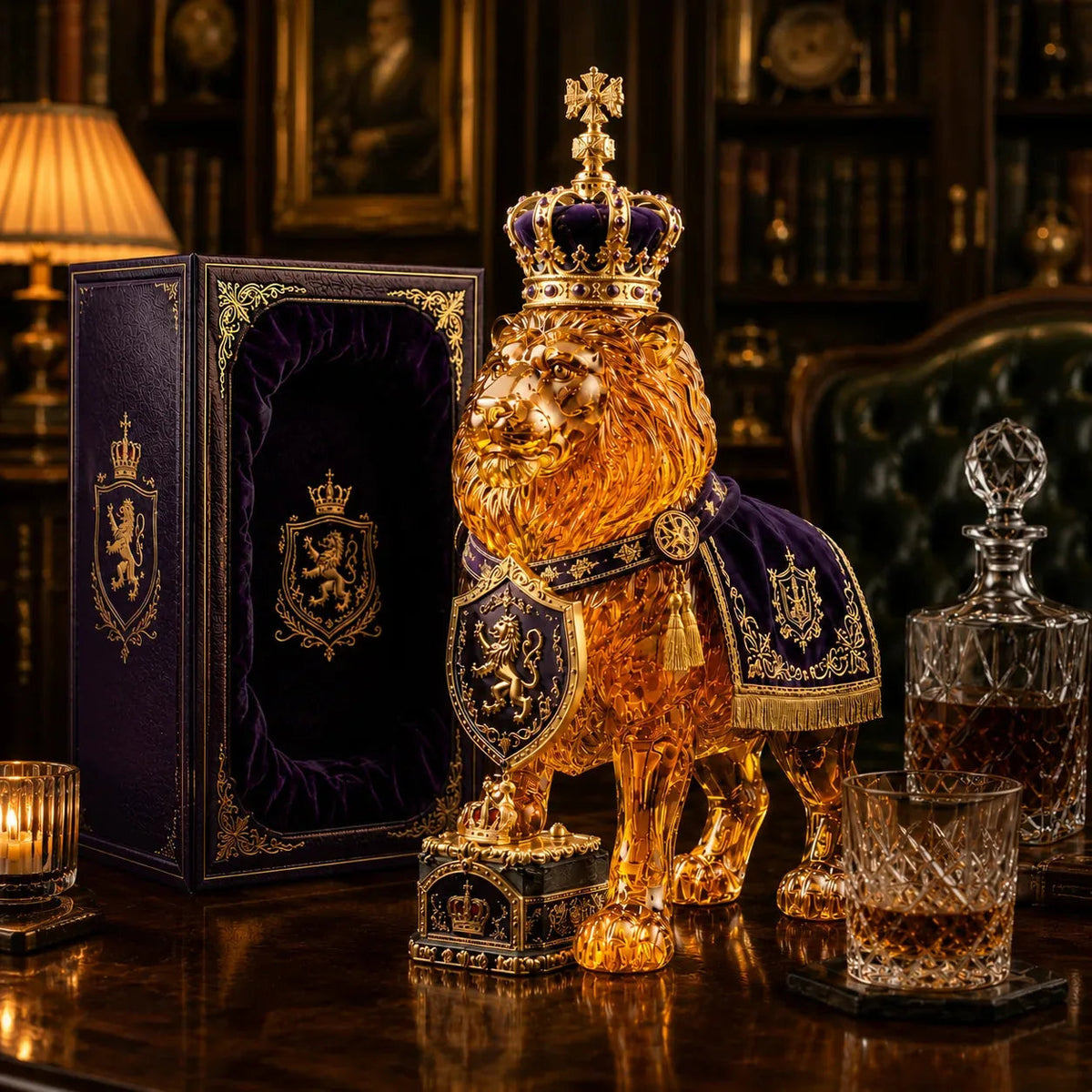 Lion Shape Glass Whiskey Decanter Set with Crown Stopper