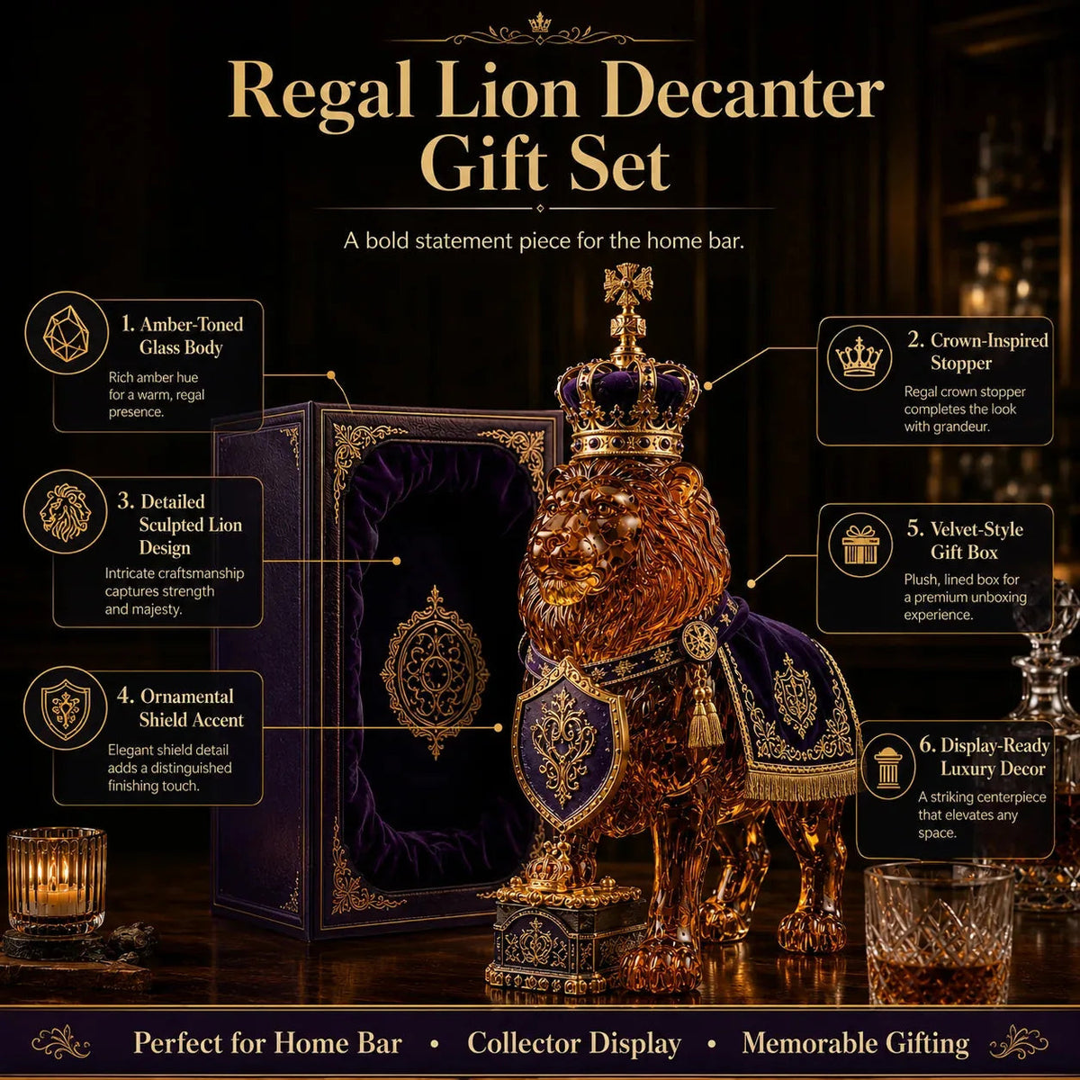 Lion Shape Glass Whiskey Decanter Set with Crown Stopper