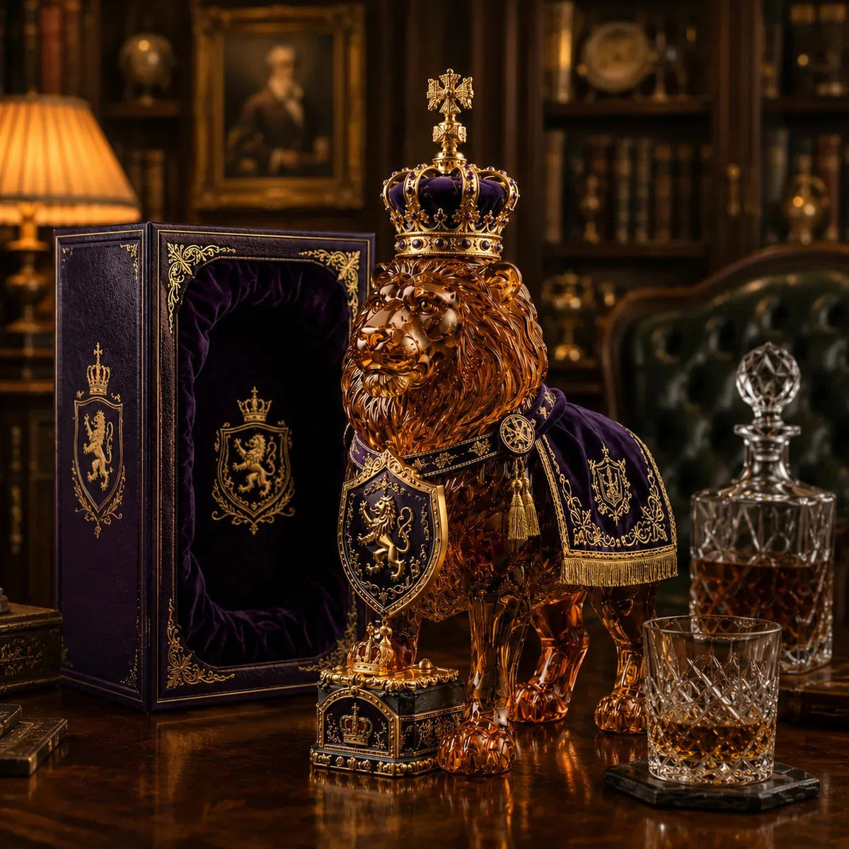 Lion Shape Glass Whiskey Decanter Set with Crown Stopper