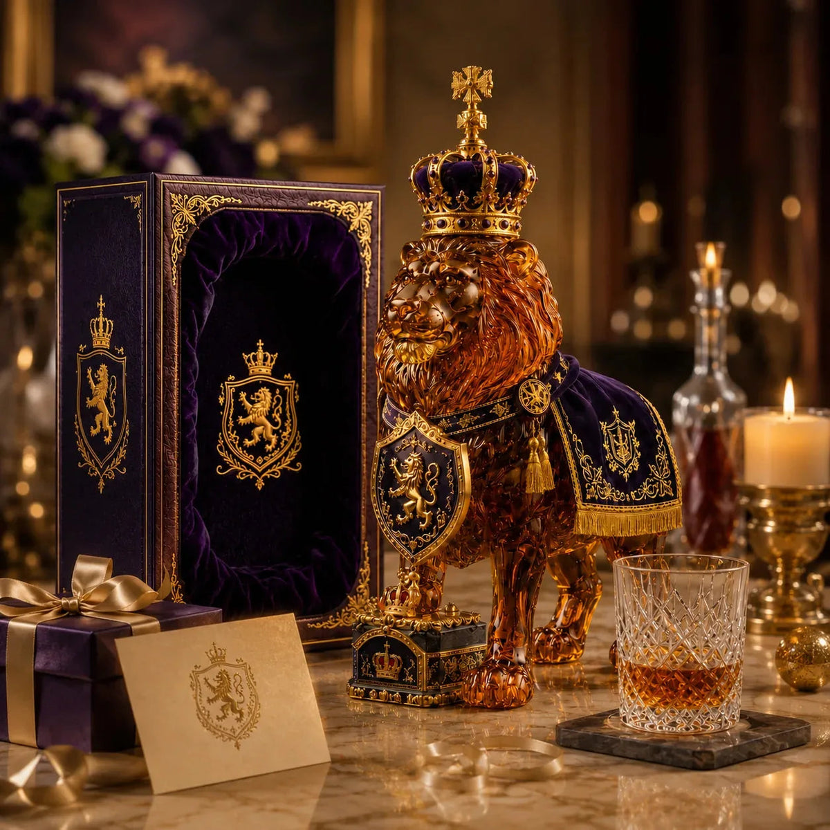 Lion Shape Glass Whiskey Decanter Set with Crown Stopper