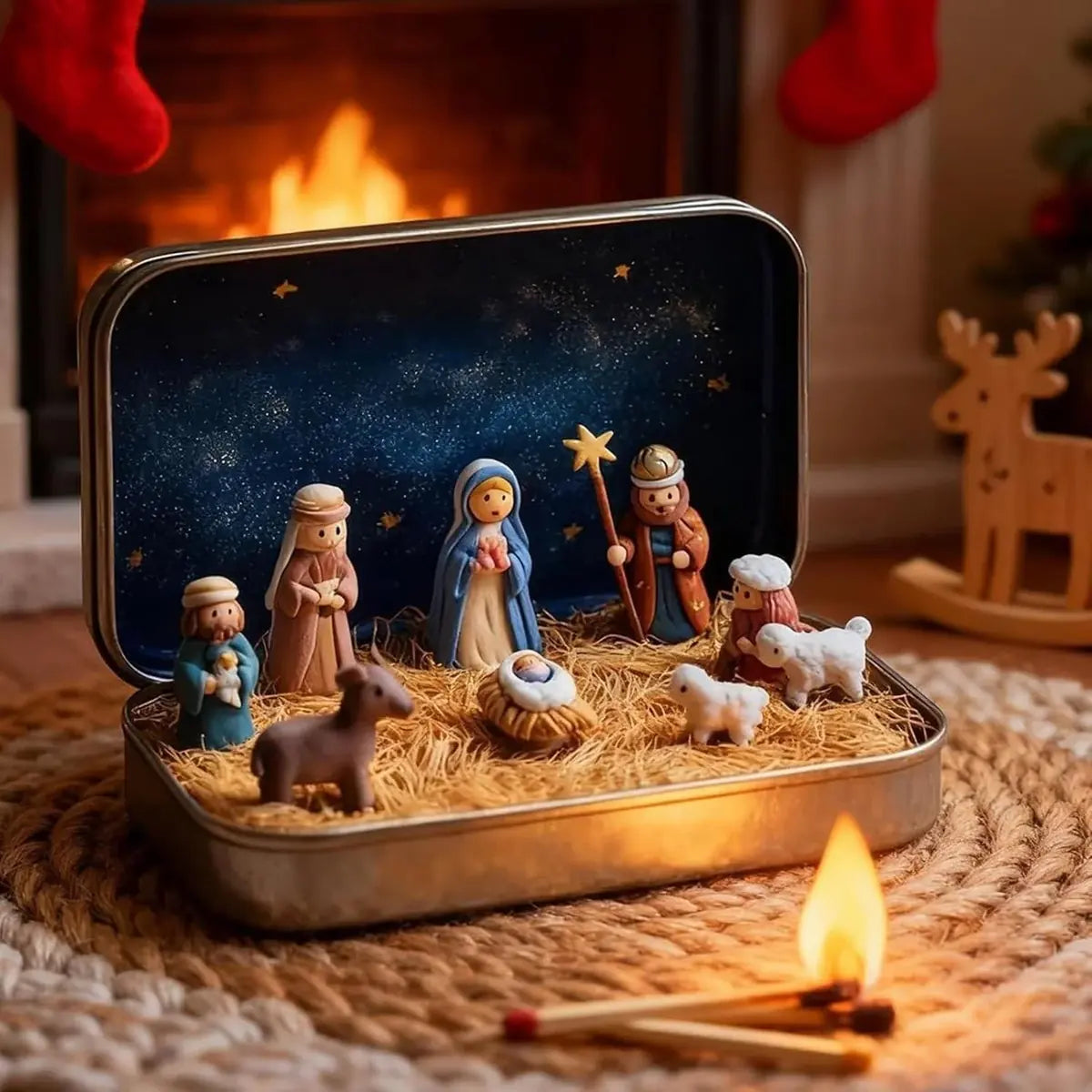 Mini Nativity Scene in Gold Tin Pocket Christmas Decoration Set
