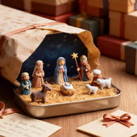 Mini Nativity Scene in Gold Tin Pocket Christmas Decoration Set