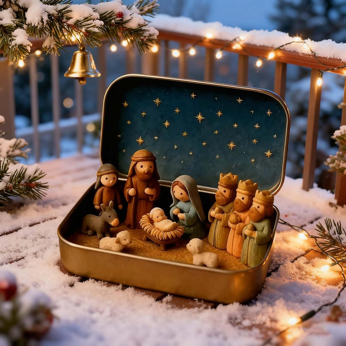 Mini Nativity Scene in Gold Tin Pocket Christmas Decoration Set