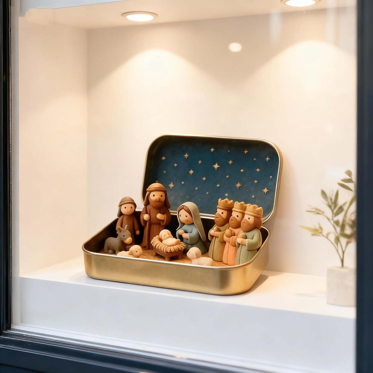 Mini Nativity Scene in Gold Tin Pocket Christmas Decoration Set