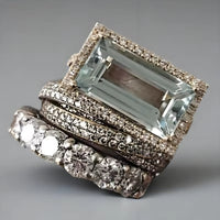 2025 New Fashion Three Piece Set Blue Square Zircon Rings for Women Party Idea Gifts Custom Jewelry