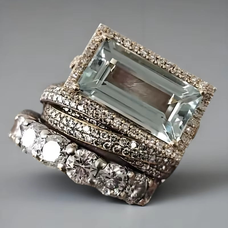 2025 New Fashion Three Piece Set Blue Square Zircon Rings for Women Party Idea Gifts Custom Jewelry