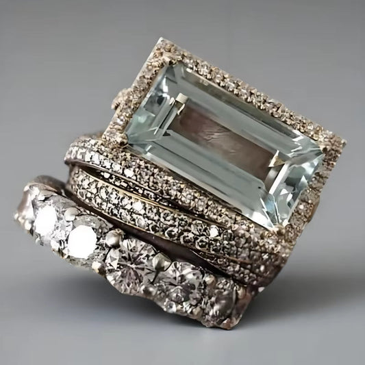 2025 New Fashion Three Piece Set Blue Square Zircon Rings for Women Party Idea Gifts Custom Jewelry