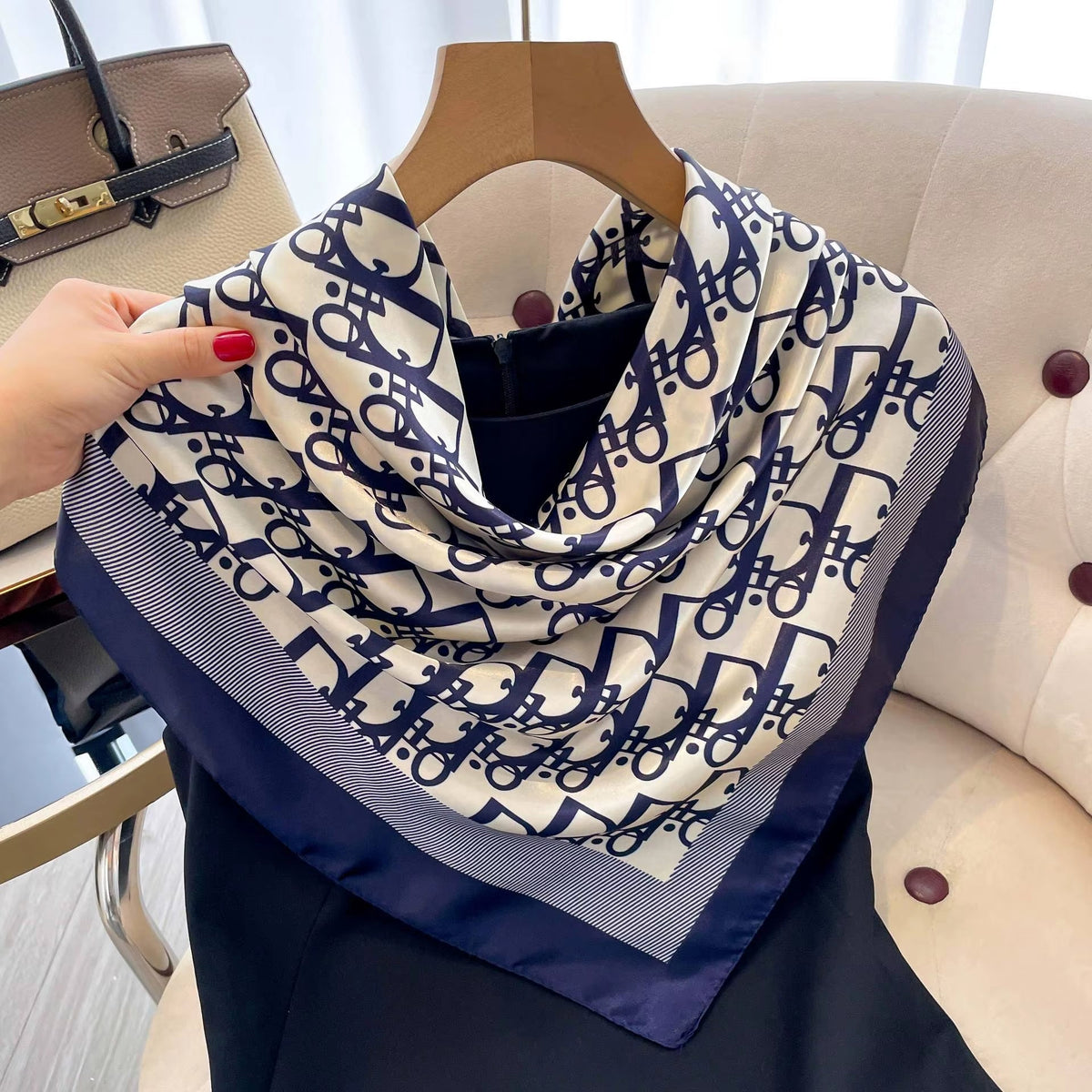 1 Pcs 90Cm Ladies' Silk Scarf Vintage Fashionable Versatile Printed Silk Spring Hair Band Hijab Sunsceen Neckerchief Shawl Wraps
