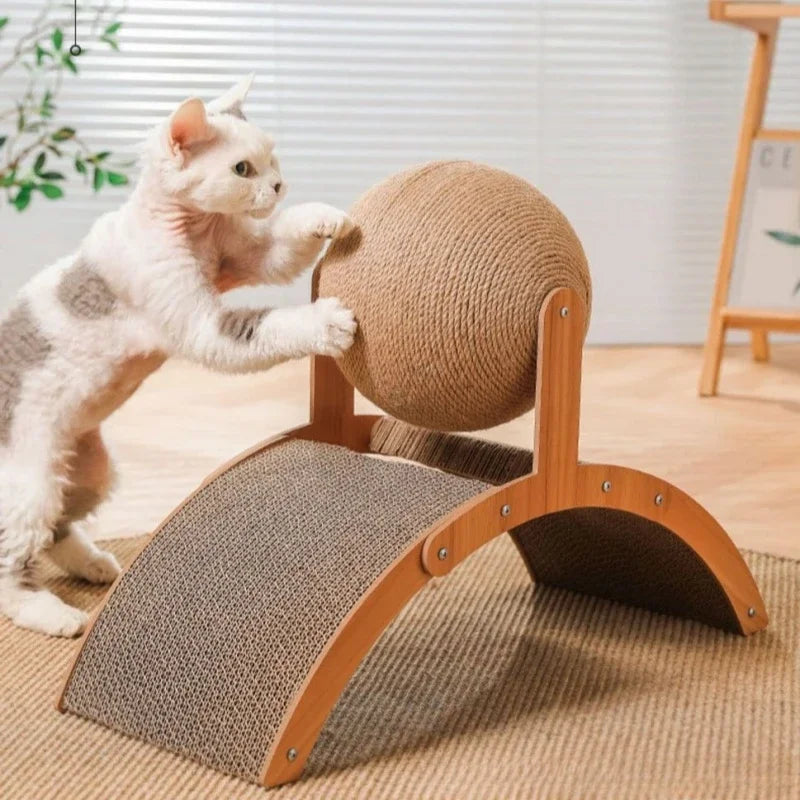 2-in-1 Cat Scratching Ball & Sisal Scratcher - Solid Wood Paw Grinding Toy for Cats