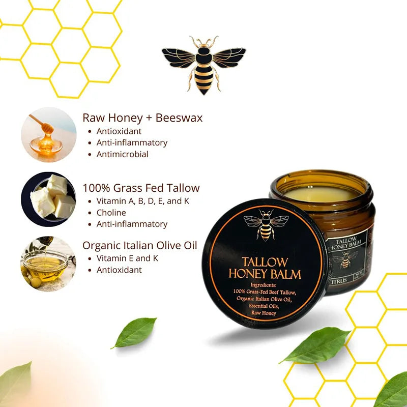 Organic Grass-Fed Beef Tallow Balm with Raw Honey - Moisturizing Cream for Soft, Smooth Skin - Handmade All-Natural Moisturizer