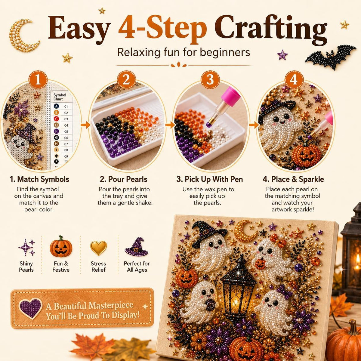 Halloween Diamond Pearl Art Kits for Adults, DIY Pearl Painting Ghost Diamond Spooky Cute 3D Crafts DIY Fall Home Decor Wall Art Handmade Beginner Seasonal Party Gift(Ghost)