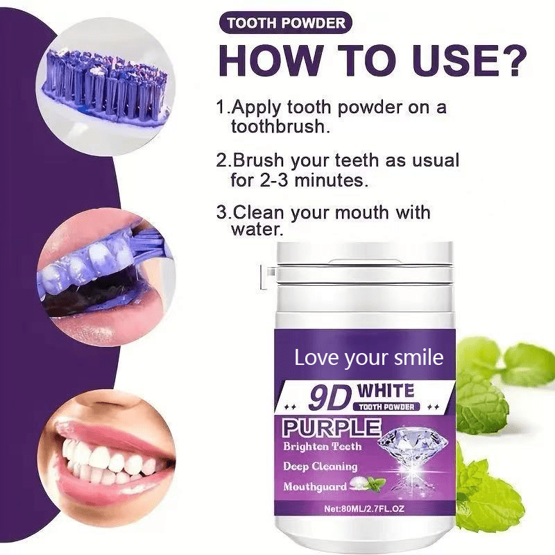 1/2pcs 9D White Purple Teeth Powder - Deep Cleaning & Polishing with Baking Soda, Refreshing Breath, Portable Travel-Friendly Formula, Brightens Smile in 7 Days, for Men & Women